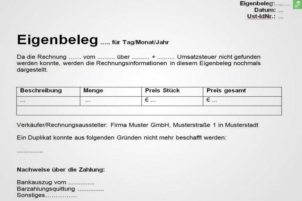 Eigenbeleg Muster Gratis Herunterladen - Rechnung & Angebot Online ...